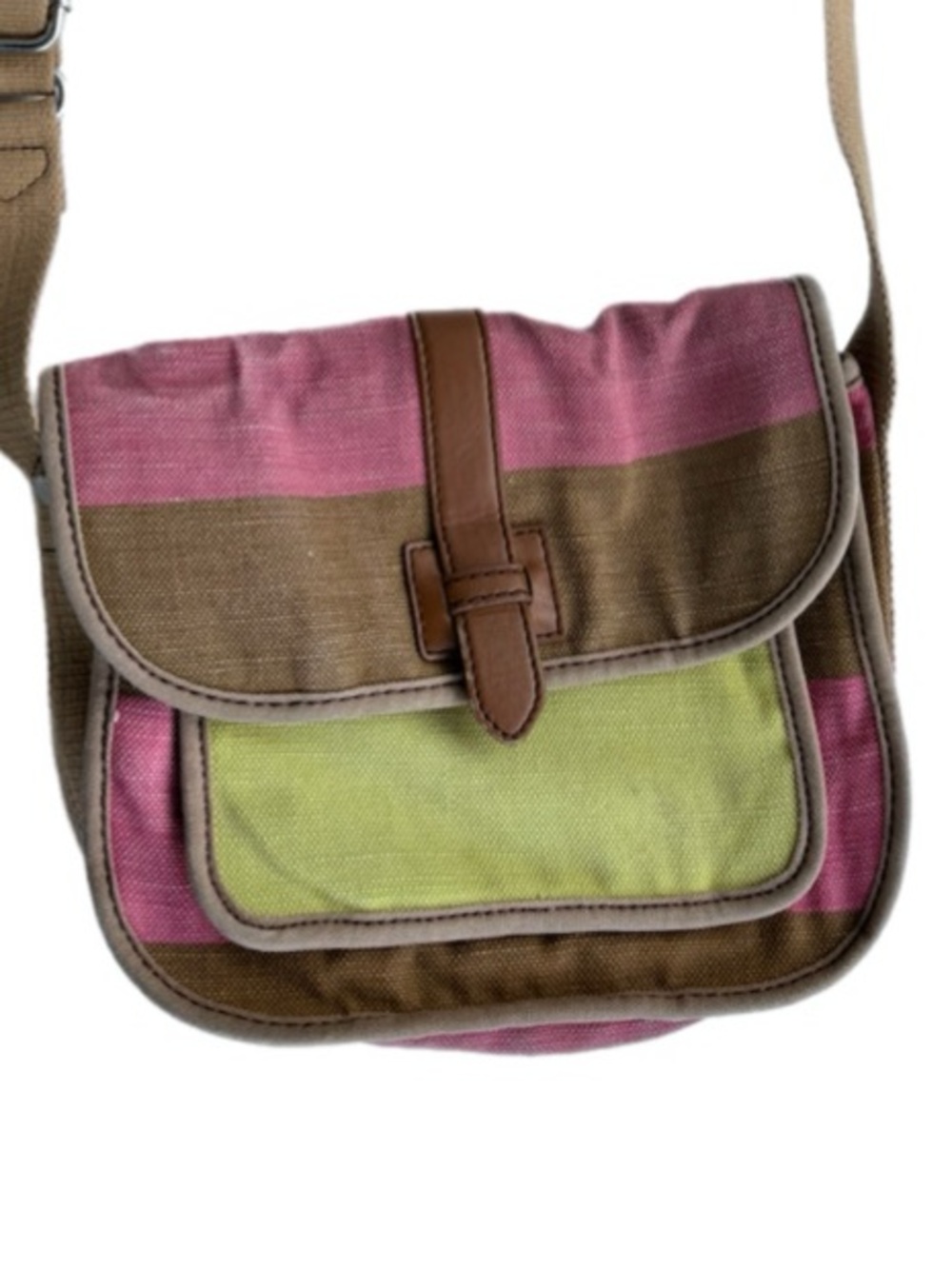 Fossil Pink Olive Tan Canvas Messenger Bag